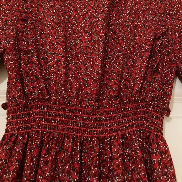 Max Studio Red with Micro Floral Long Dress – Size S – Ruffle Neckline & Smocked - Picture 4 of 6